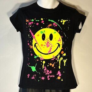 Popular Sports Happy Face Black Splatter T-Shirt Retro Y2K Graphic Fun Neon
